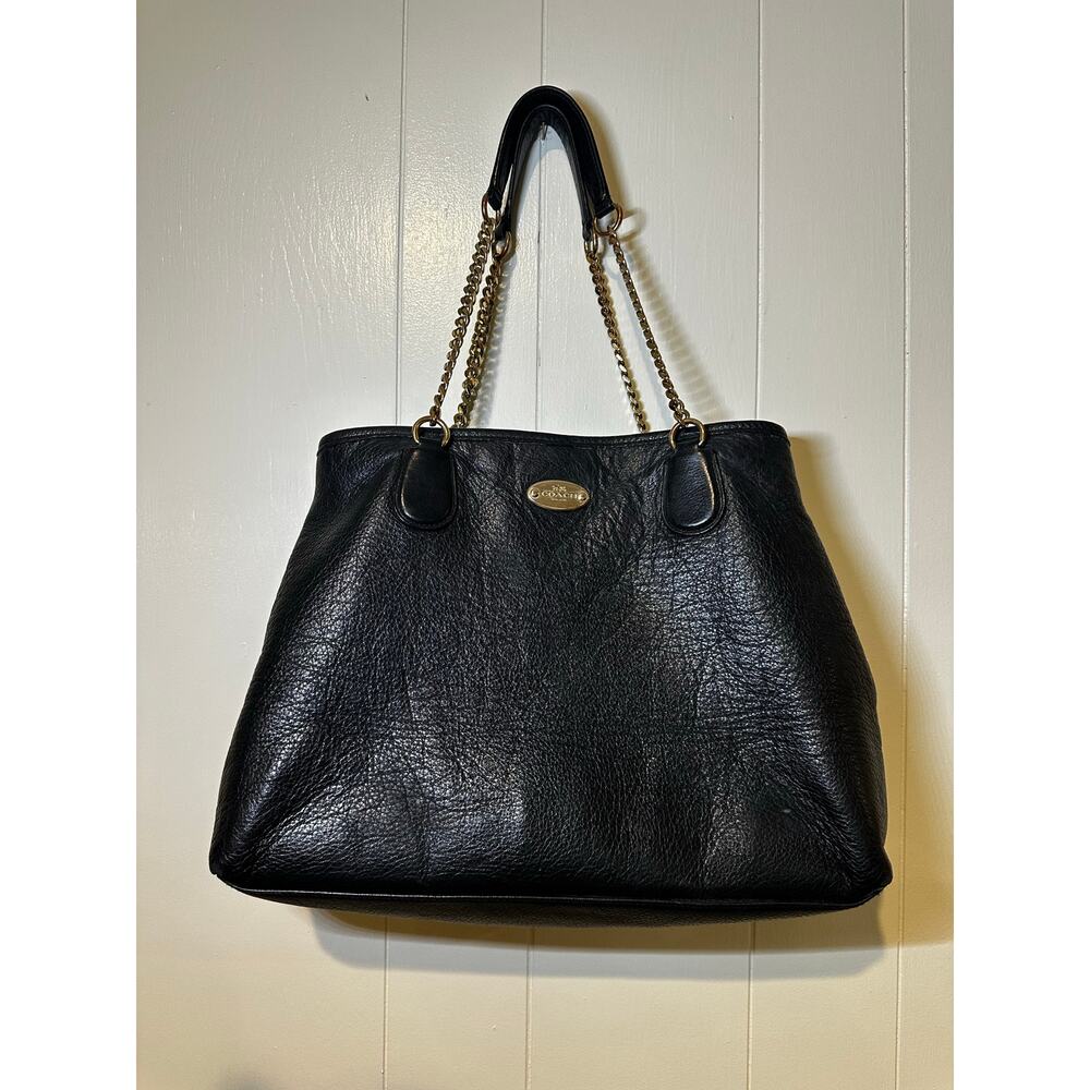 Coach Black Leather Tote Shoulder Bag Black Purse Gold Chain Leather Straps